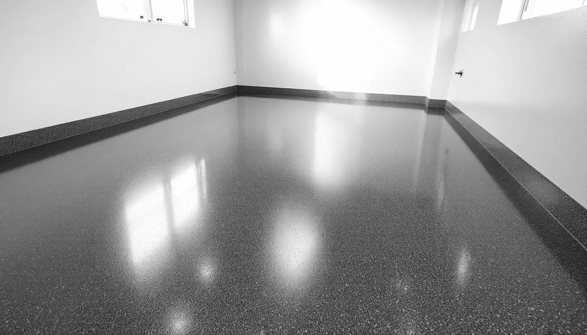 An overview of epoxy flooring showing a smooth, shiny garage floor.