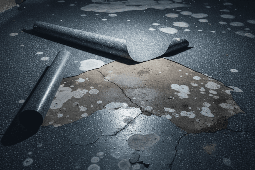 Basement epoxy floor showing peeling and cloudy spots from moisture vapor