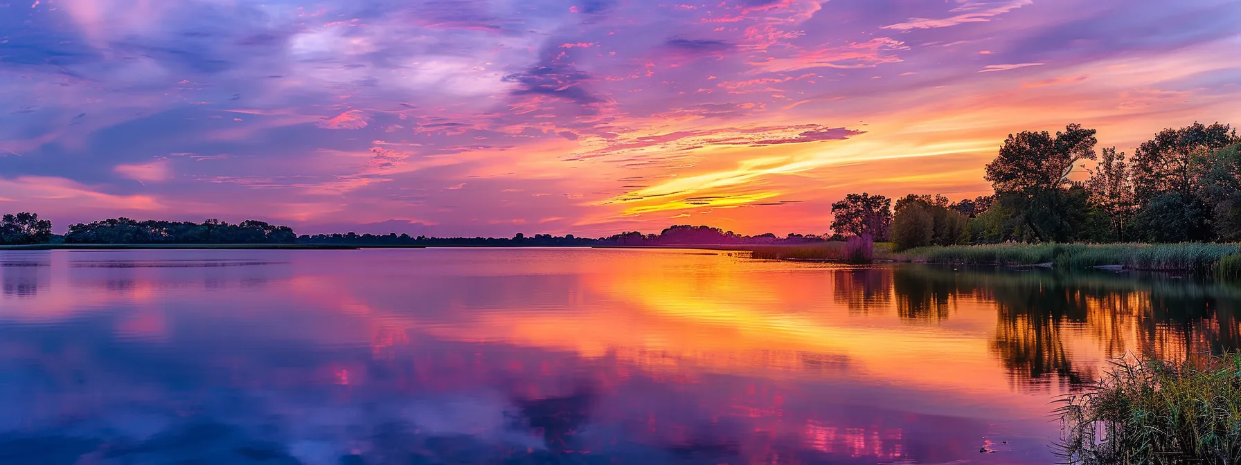 Sunset over lake with orange and purple sky, lush greenery