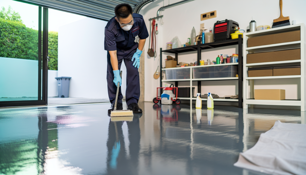 a man wearing a mask and gloves cleaning a floor