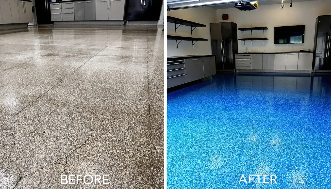 Key benefits of epoxy garage floors illustrated with a clean and vibrant floor.