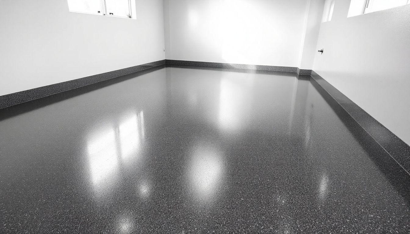 An overview of epoxy flooring showing a smooth, shiny garage floor.