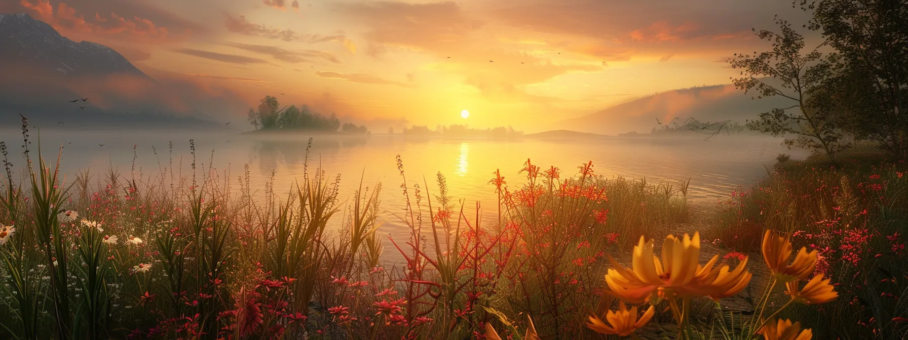 a breathtaking sunrise casts a golden glow over a tranquil lake, with mist rising from the water and vivid wildflowers framing the foreground, embodying peaceful serenity.