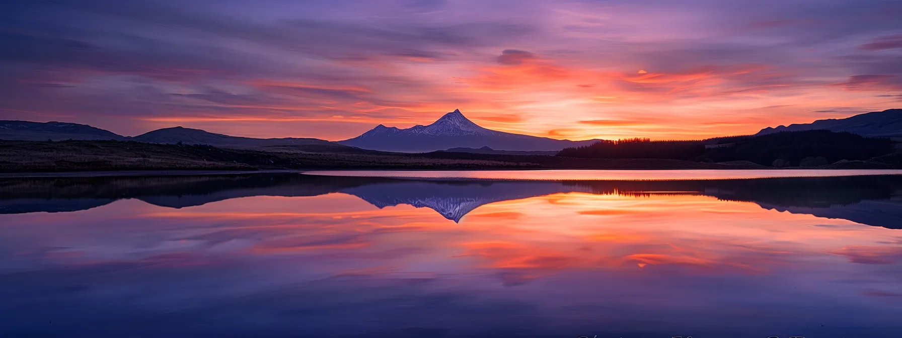 a breathtaking sunset casts vibrant hues of orange and purple across a tranquil lake, reflecting the serene silhouette of a lone mountain in the background.