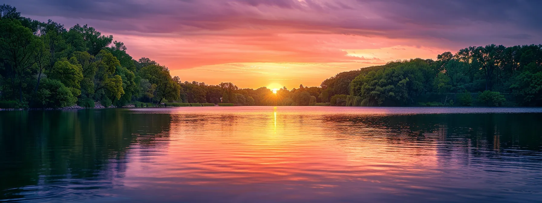 a serene sunset illuminates a tranquil lake, its glassy surface reflecting a vibrant palette of oranges and purples, surrounded by lush green trees under a soft, glowing sky.