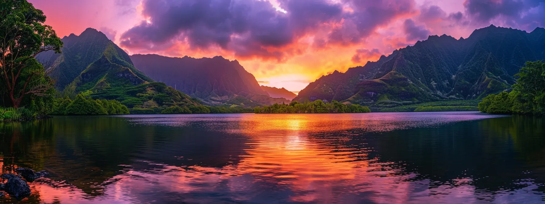 a vibrant sunset illuminates a tranquil lake surrounded by lush, towering mountains, reflecting brilliant hues of orange and purple across the shimmering water's surface.