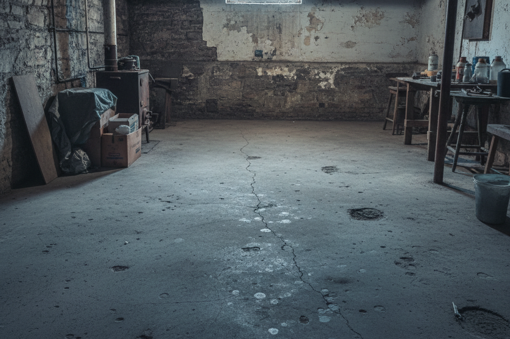 Old Chicago basement with cracked concrete, moisture spots, and surface pitting that affect the performance of a basement epoxy floor.