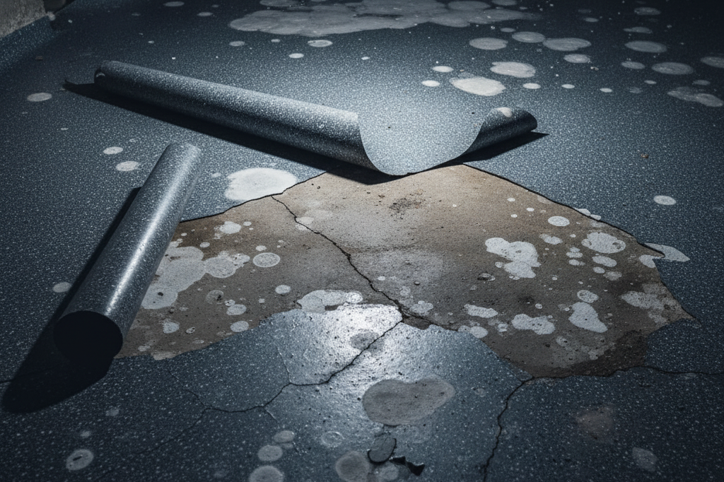 Basement epoxy floor in a Chicago home showing peeling and cloudy spots caused by moisture vapor issues.