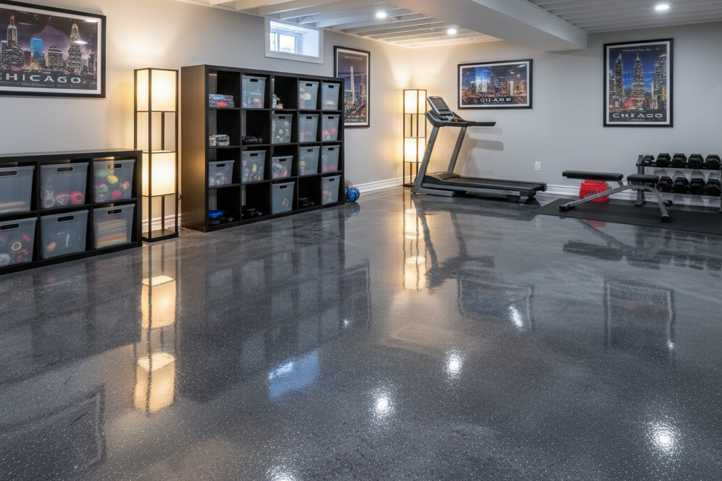 Chicago basement with a smooth, glossy basement epoxy floor that creates a clean, durable, and bright finished space.