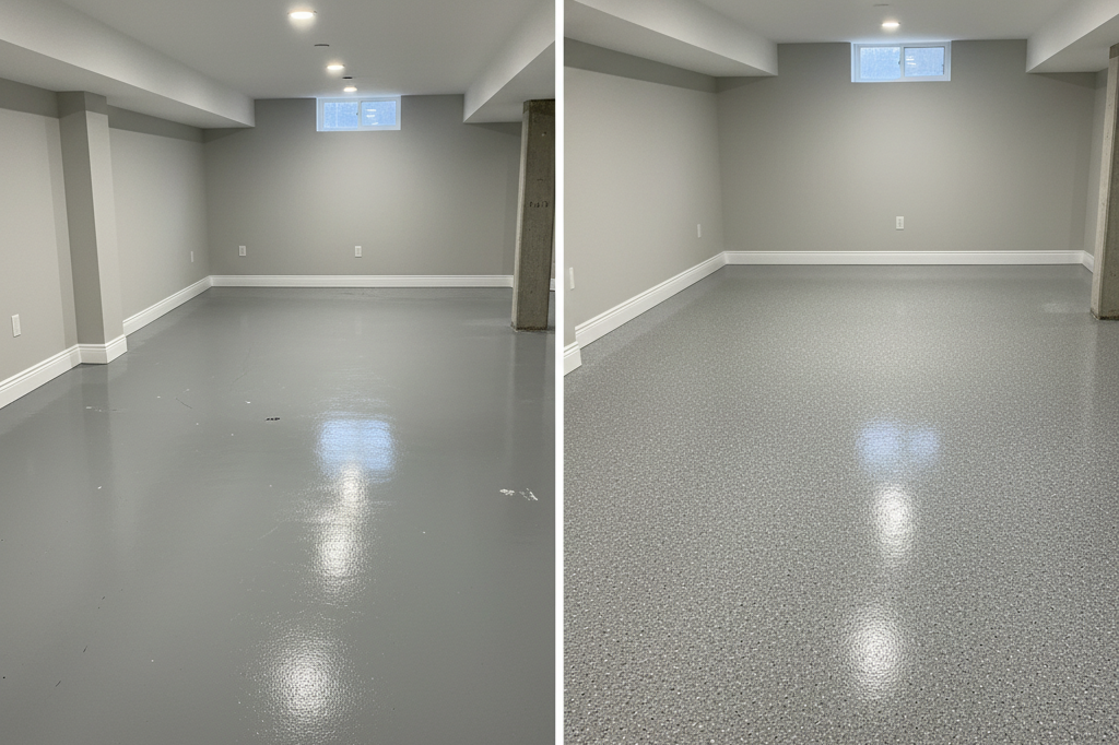Side-by-side comparison of a basement epoxy floor and a custom floor coating in a Chicago basement, showing durability and moisture differences