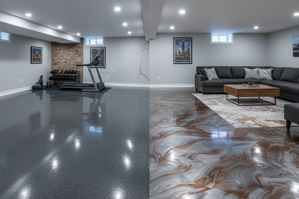 Side-by-side comparison of a basement epoxy floor and a custom floor coating inside a modern Chicago basement.