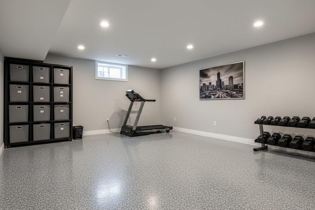 Chicago basement with a custom polyurea floor coating featuring a smooth, durable finish with decorative flakes