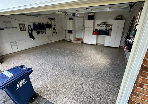 empty garage coated epoxy flake